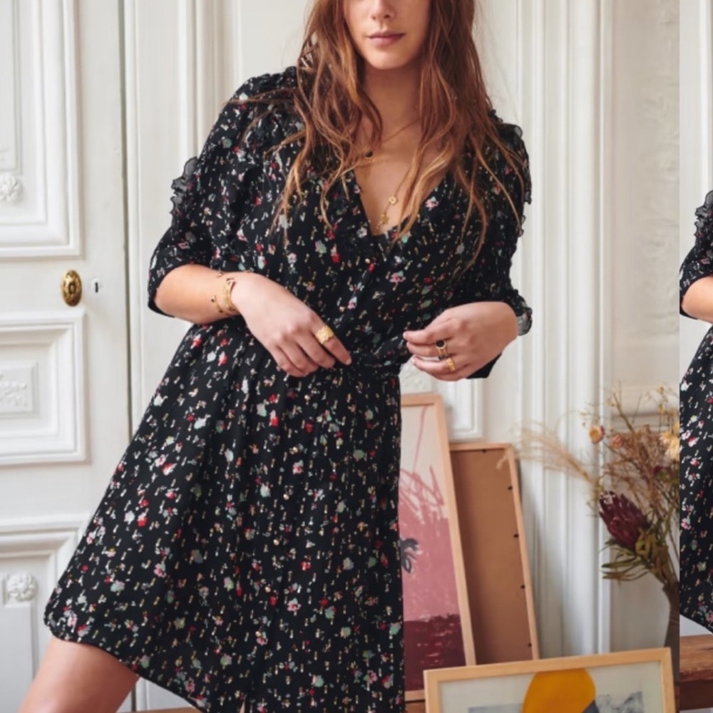 Sezane Black Floral Midi Dress